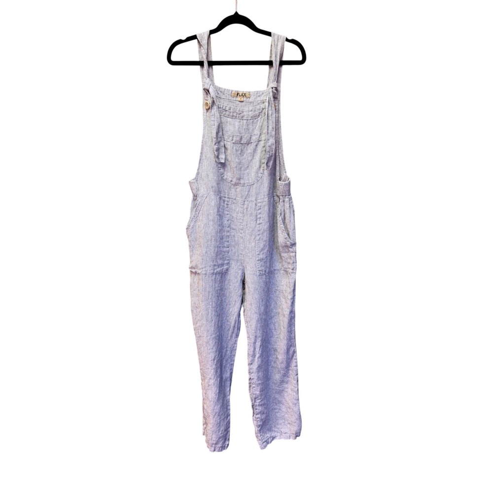Flax Blue White Pinstripe Linen Overalls Womens Size P 4-6